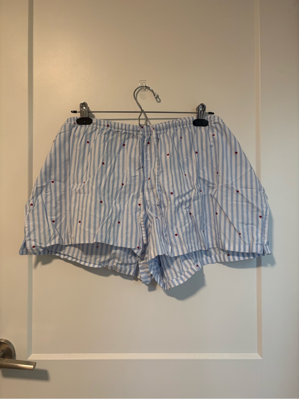 Women's Light Blue Stripe Short Boxers with Red Hearts